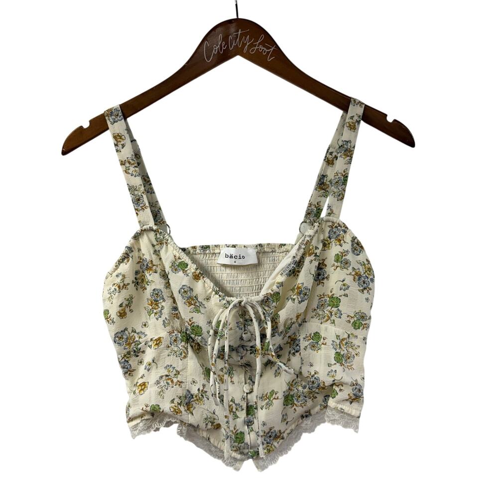 Bacio Beige Floral Crop Tank Small Ruched Tie Front Cottage Coquette Peasant
